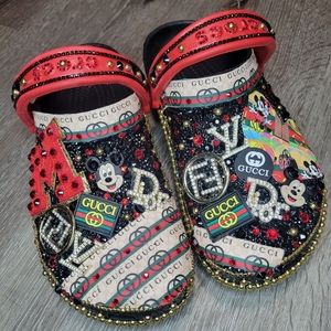 Rhinestone encrusted custom mouse shoes with patch, charms and fabric